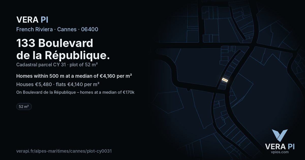 133 Boulevard de la République, Cannes at night – the plot lit, the parcels around coloured by the prices near them