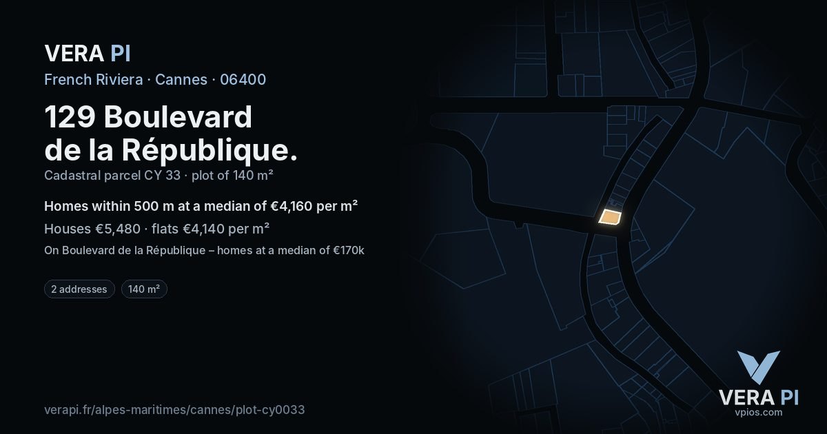 129 Boulevard de la République, Cannes at night – the plot lit, the parcels around coloured by the prices near them