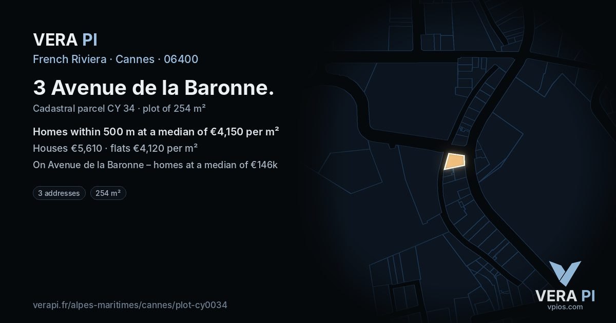 3 Avenue de la Baronne, Cannes at night – the plot lit, the parcels around coloured by the prices near them