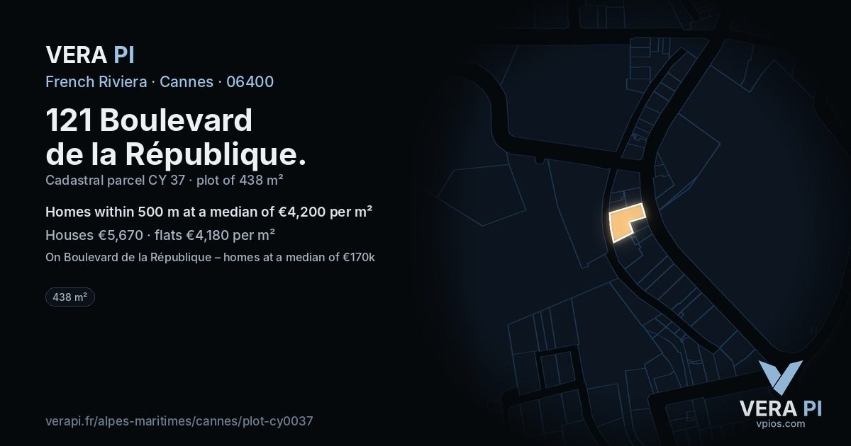 121 Boulevard de la République, Cannes at night – the plot lit, the parcels around coloured by the prices near them
