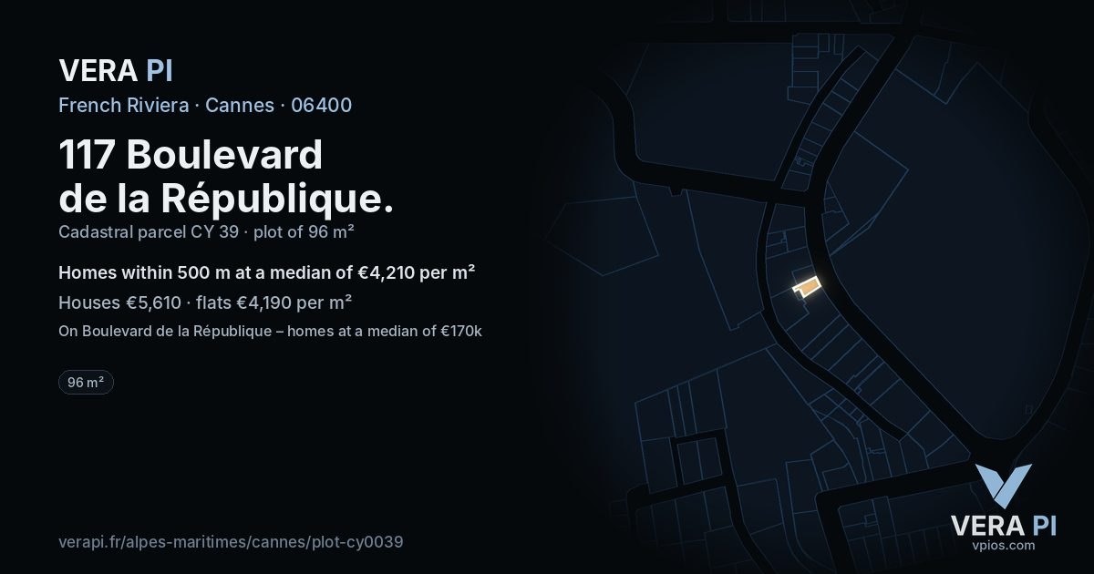 117 Boulevard de la République, Cannes at night – the plot lit, the parcels around coloured by the prices near them