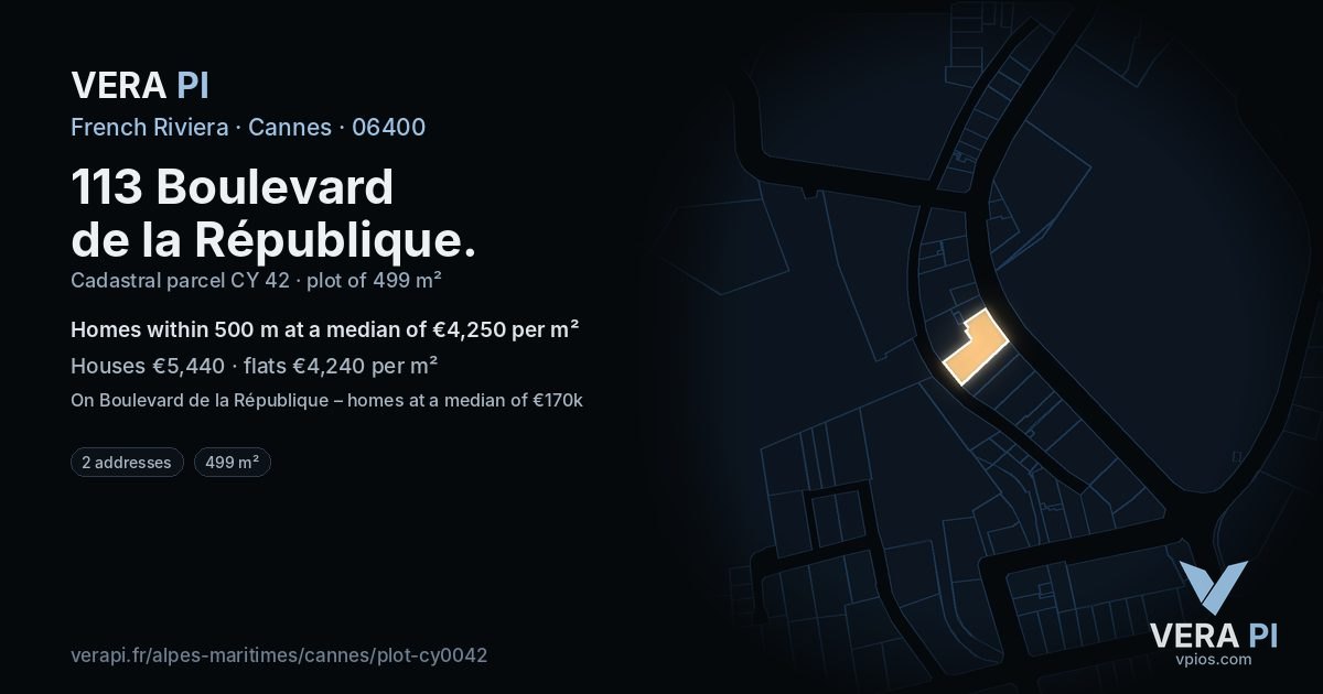 113 Boulevard de la République, Cannes at night – the plot lit, the parcels around coloured by the prices near them
