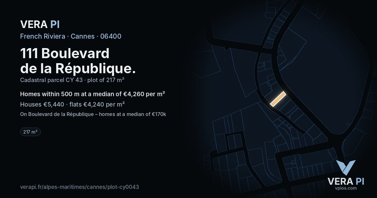 111 Boulevard de la République, Cannes at night – the plot lit, the parcels around coloured by the prices near them