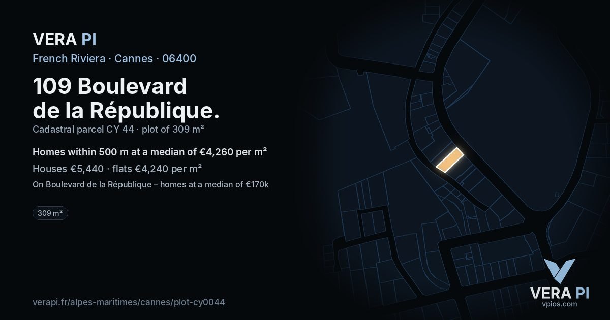 109 Boulevard de la République, Cannes at night – the plot lit, the parcels around coloured by the prices near them