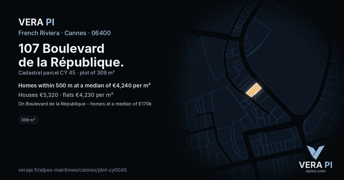 107 Boulevard de la République, Cannes at night – the plot lit, the parcels around coloured by the prices near them