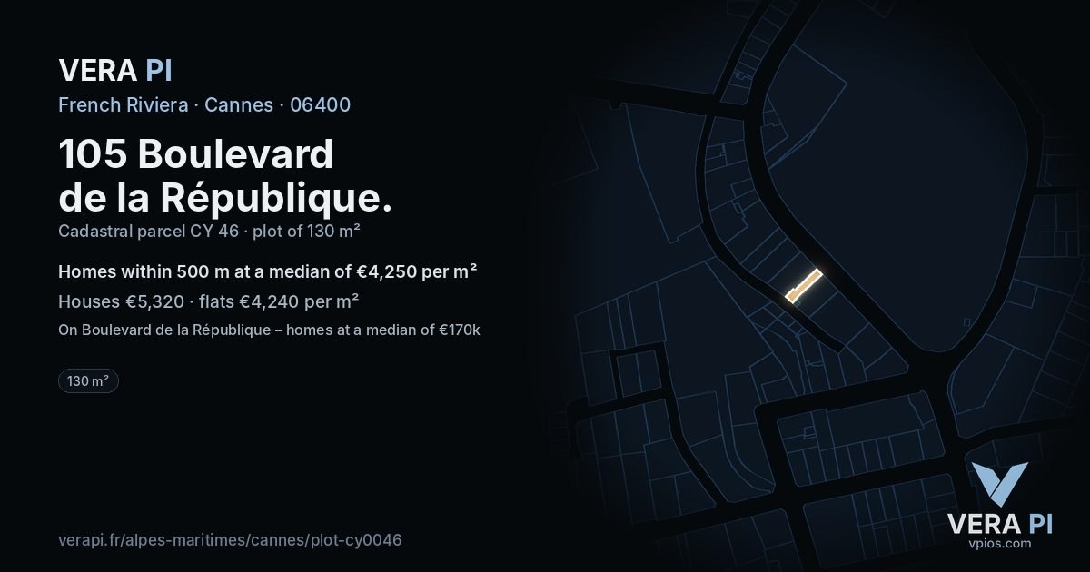 105 Boulevard de la République, Cannes at night – the plot lit, the parcels around coloured by the prices near them