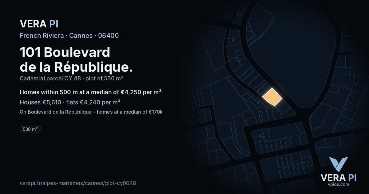 101 Boulevard de la République, Cannes at night – the plot lit, the parcels around coloured by the prices near them