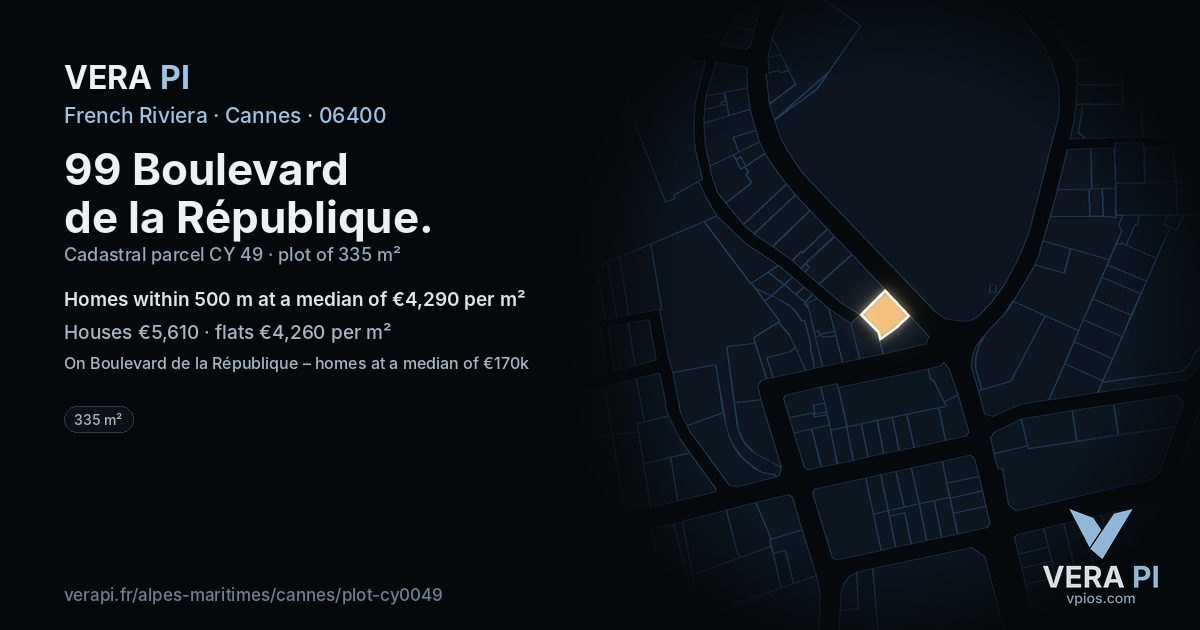 99 Boulevard de la République, Cannes at night – the plot lit, the parcels around coloured by the prices near them