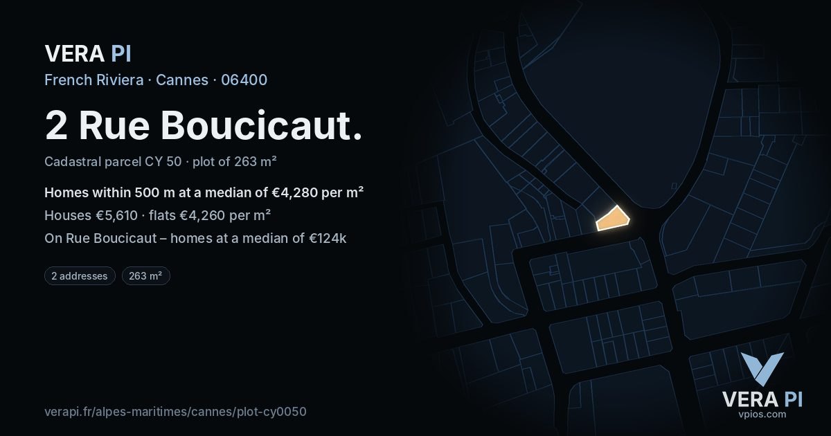 2 Rue Boucicaut, Cannes at night – the plot lit, the parcels around coloured by the prices near them