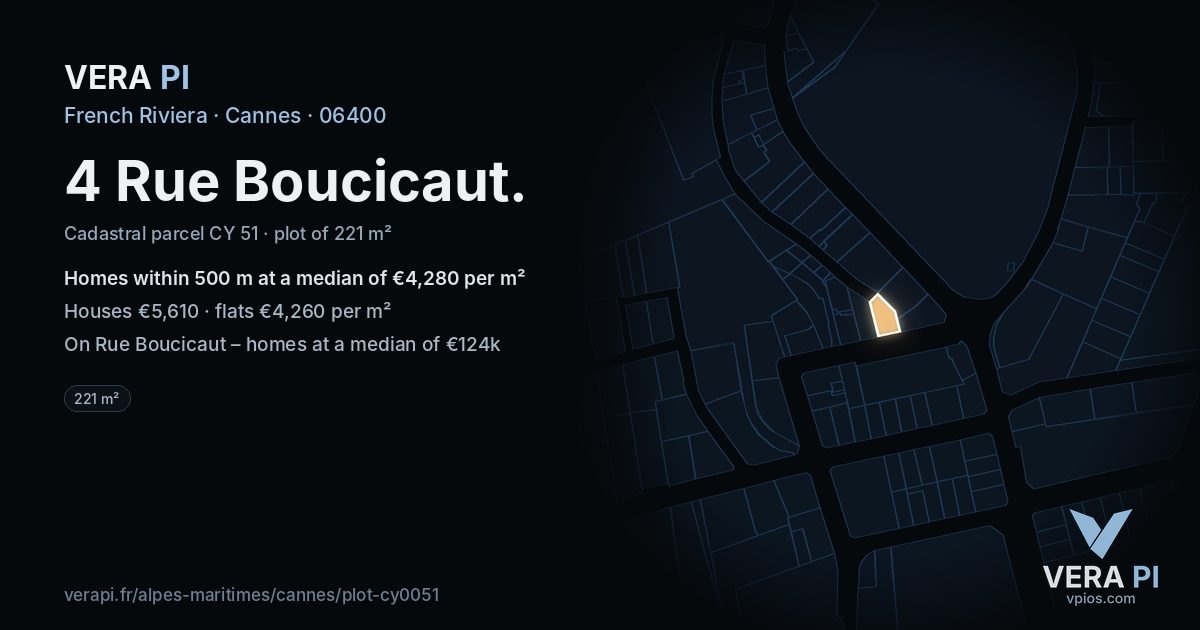 4 Rue Boucicaut, Cannes at night – the plot lit, the parcels around coloured by the prices near them