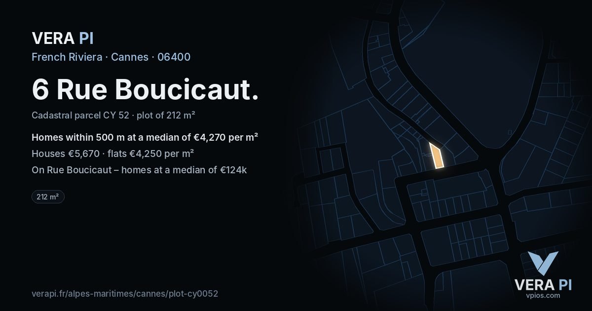 6 Rue Boucicaut, Cannes at night – the plot lit, the parcels around coloured by the prices near them