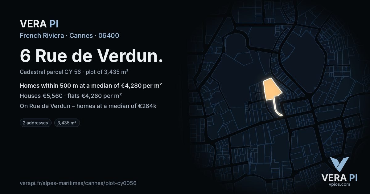 6 Rue de Verdun, Cannes at night – the plot lit, the parcels around coloured by the prices near them