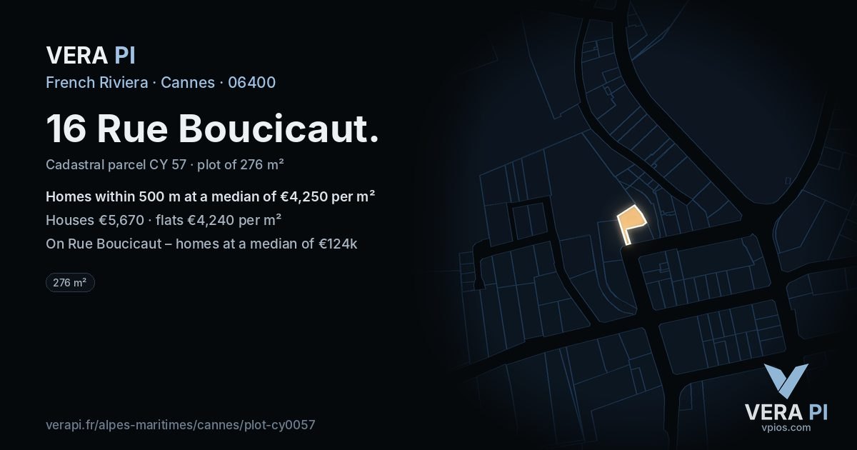 16 Rue Boucicaut, Cannes at night – the plot lit, the parcels around coloured by the prices near them