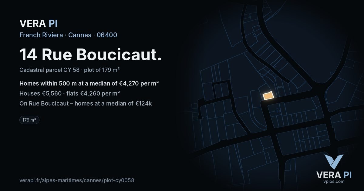 14 Rue Boucicaut, Cannes at night – the plot lit, the parcels around coloured by the prices near them