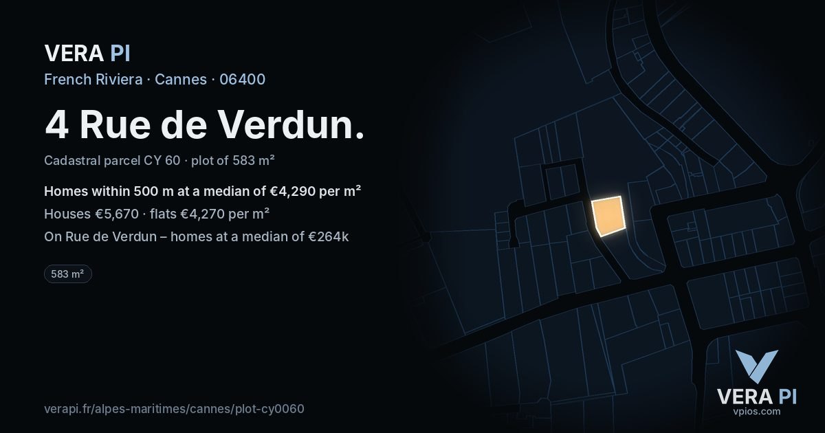 4 Rue de Verdun, Cannes at night – the plot lit, the parcels around coloured by the prices near them
