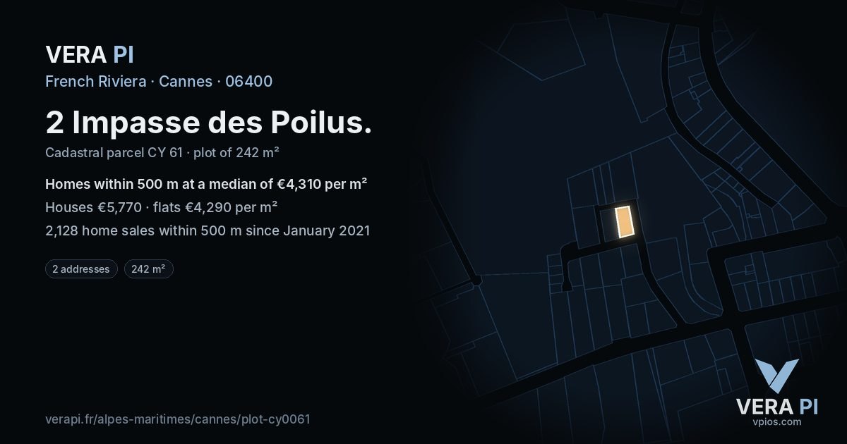 2 Impasse des Poilus, Cannes at night – the plot lit, the parcels around coloured by the prices near them