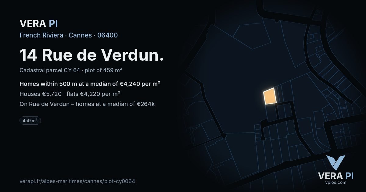 14 Rue de Verdun, Cannes at night – the plot lit, the parcels around coloured by the prices near them