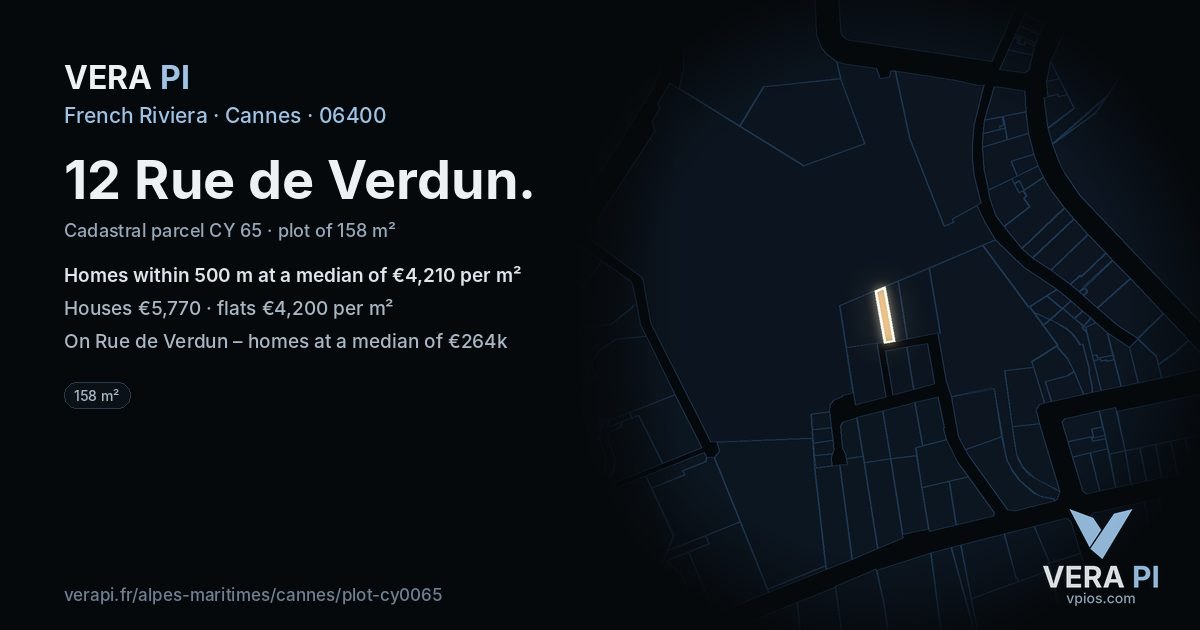 12 Rue de Verdun, Cannes at night – the plot lit, the parcels around coloured by the prices near them