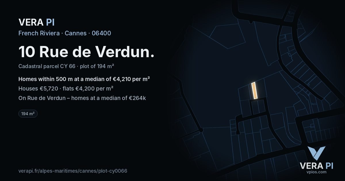 10 Rue de Verdun, Cannes at night – the plot lit, the parcels around coloured by the prices near them