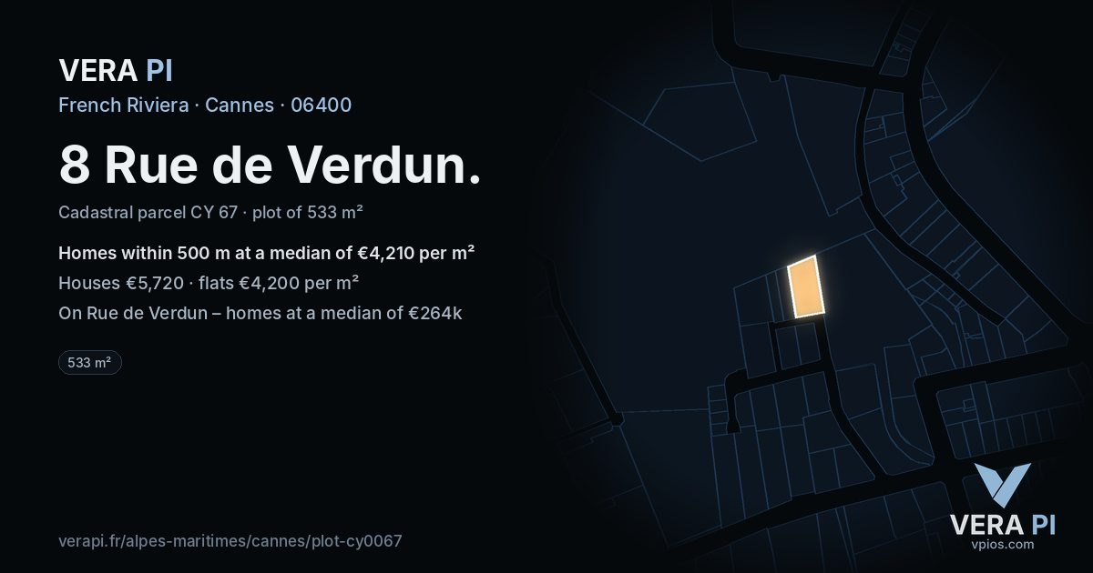 8 Rue de Verdun, Cannes at night – the plot lit, the parcels around coloured by the prices near them