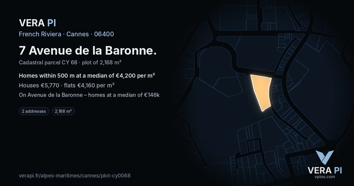 7 Avenue de la Baronne, Cannes at night – the plot lit, the parcels around coloured by the prices near them