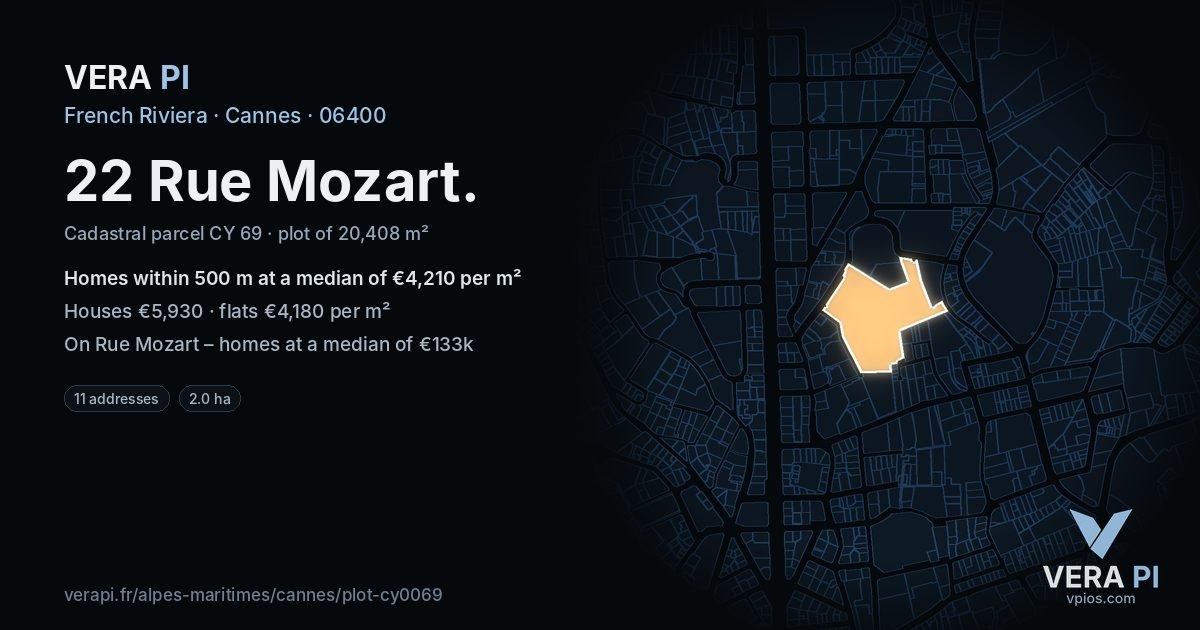 22 Rue Mozart, Cannes at night – the plot lit, the parcels around coloured by the prices near them