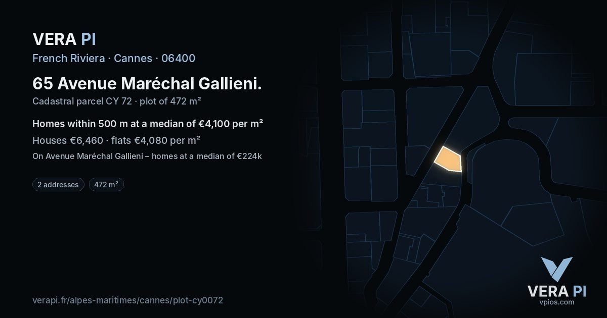 65 Avenue Maréchal Gallieni, Cannes at night – the plot lit, the parcels around coloured by the prices near them