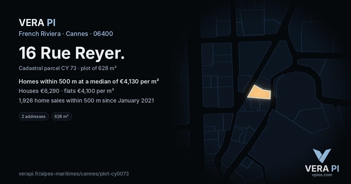 16 Rue Reyer, Cannes at night – the plot lit, the parcels around coloured by the prices near them