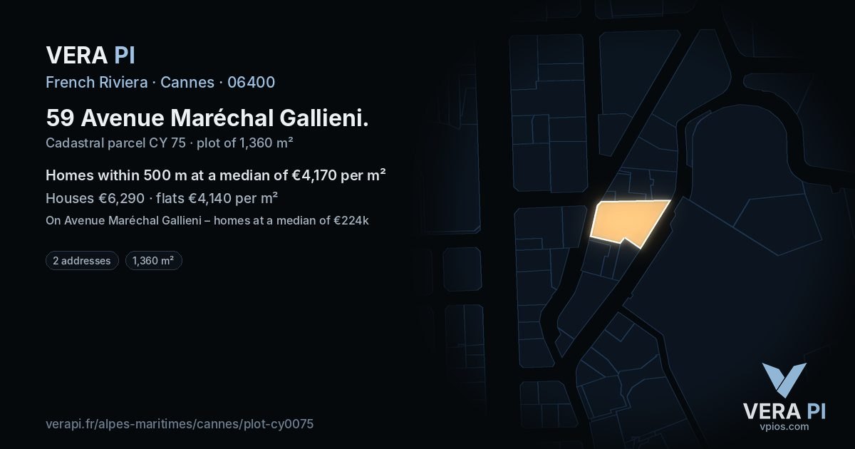 59 Avenue Maréchal Gallieni, Cannes at night – the plot lit, the parcels around coloured by the prices near them