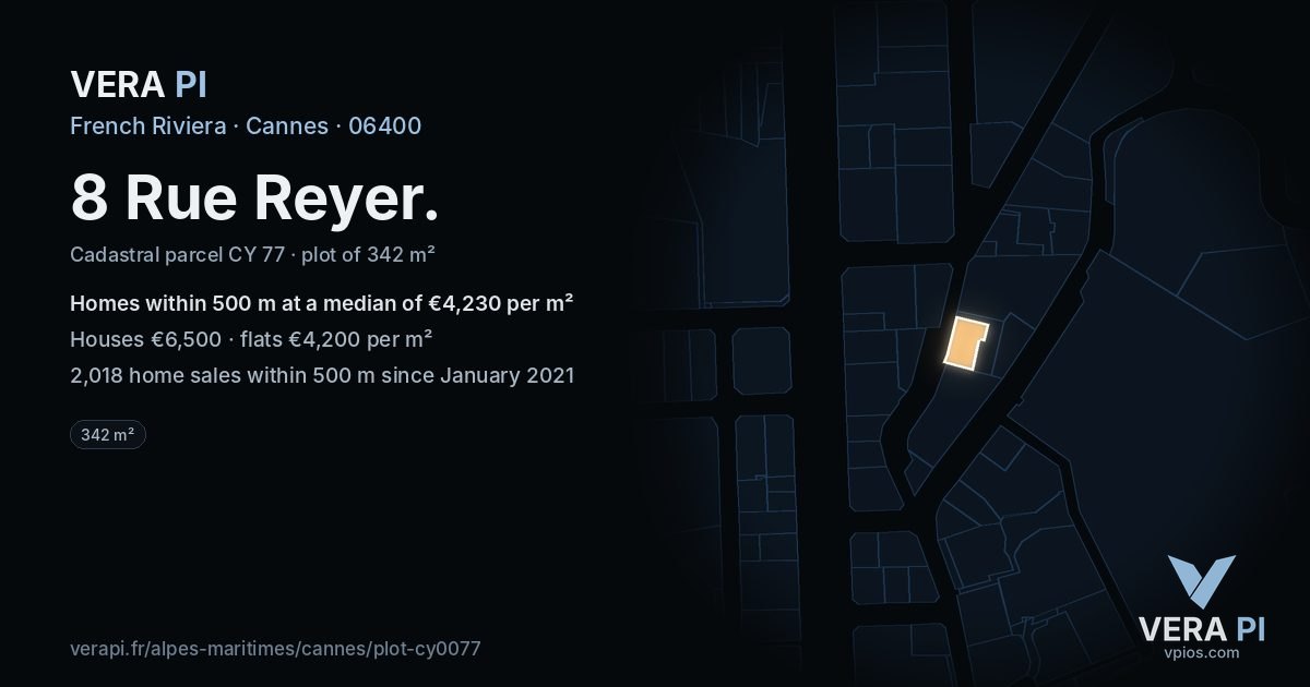 8 Rue Reyer, Cannes at night – the plot lit, the parcels around coloured by the prices near them