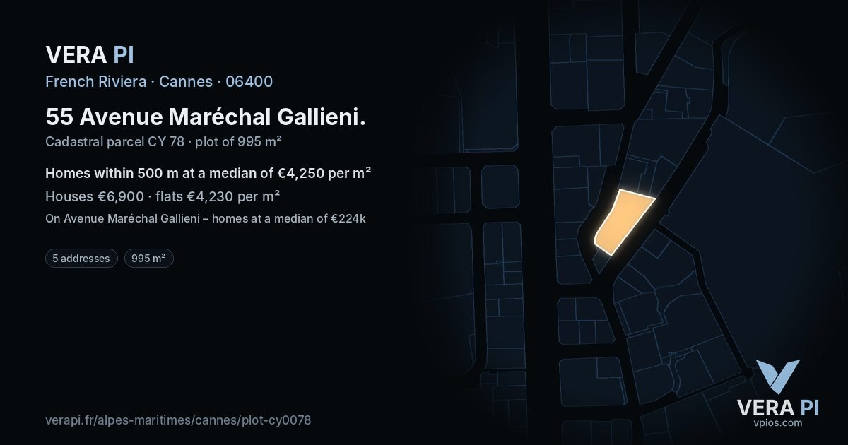 55 Avenue Maréchal Gallieni, Cannes at night – the plot lit, the parcels around coloured by the prices near them