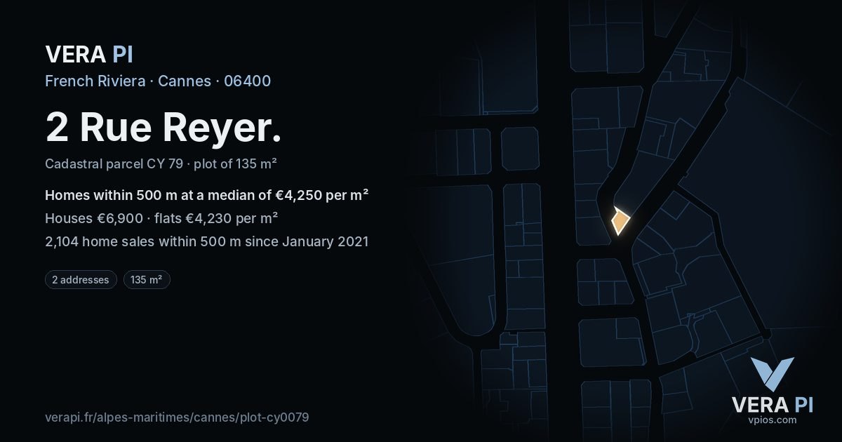 2 Rue Reyer, Cannes at night – the plot lit, the parcels around coloured by the prices near them