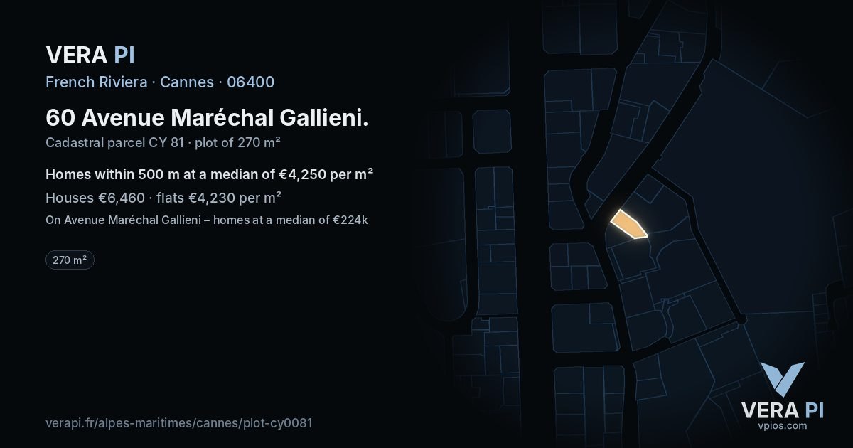 60 Avenue Maréchal Gallieni, Cannes at night – the plot lit, the parcels around coloured by the prices near them