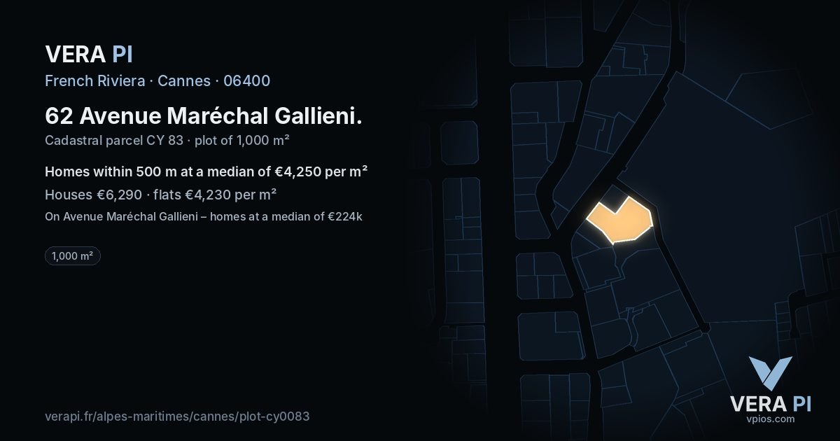 62 Avenue Maréchal Gallieni, Cannes at night – the plot lit, the parcels around coloured by the prices near them