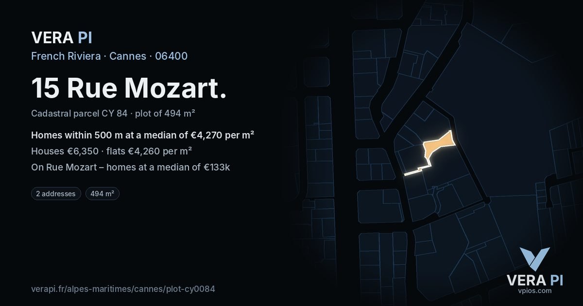 15 Rue Mozart, Cannes at night – the plot lit, the parcels around coloured by the prices near them