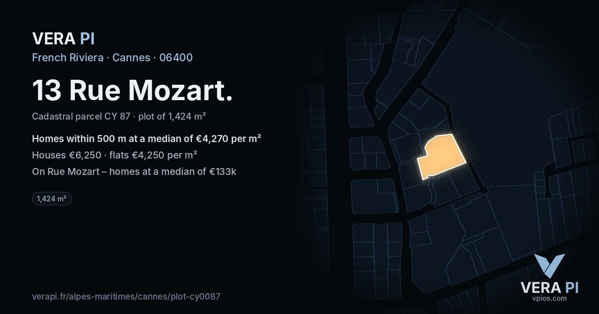 13 Rue Mozart, Cannes at night – the plot lit, the parcels around coloured by the prices near them