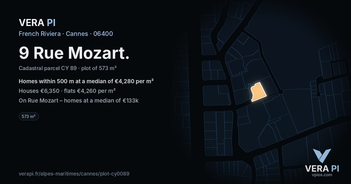 9 Rue Mozart, Cannes at night – the plot lit, the parcels around coloured by the prices near them