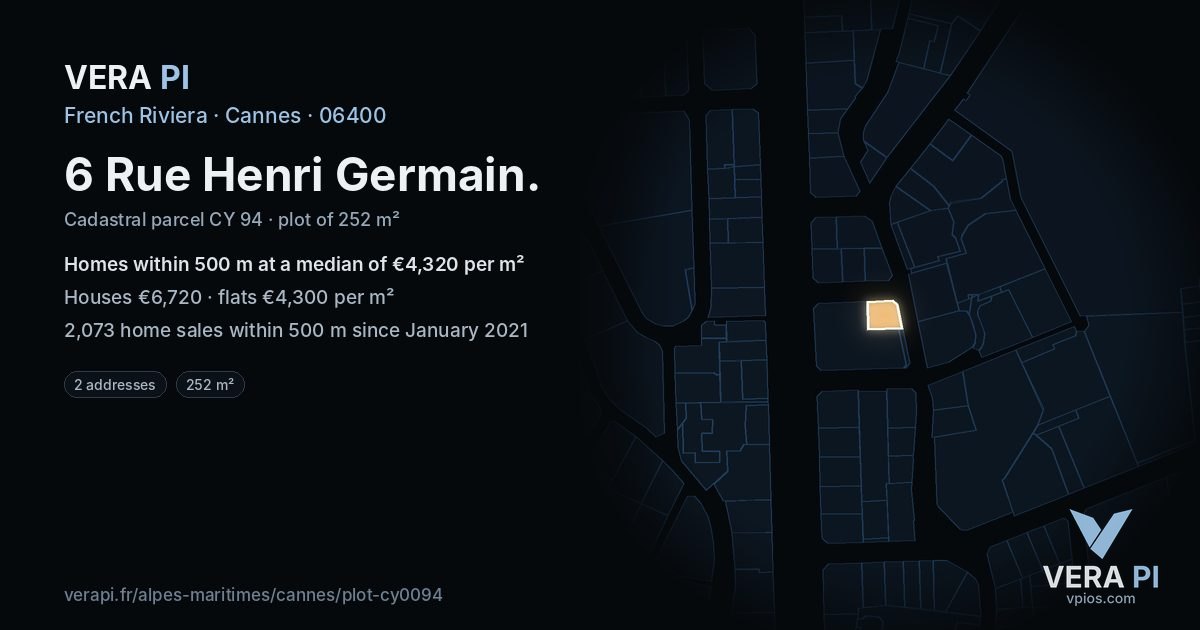 6 Rue Henri Germain, Cannes at night – the plot lit, the parcels around coloured by the prices near them