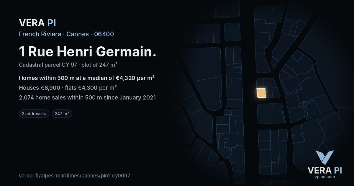 1 Rue Henri Germain, Cannes at night – the plot lit, the parcels around coloured by the prices near them
