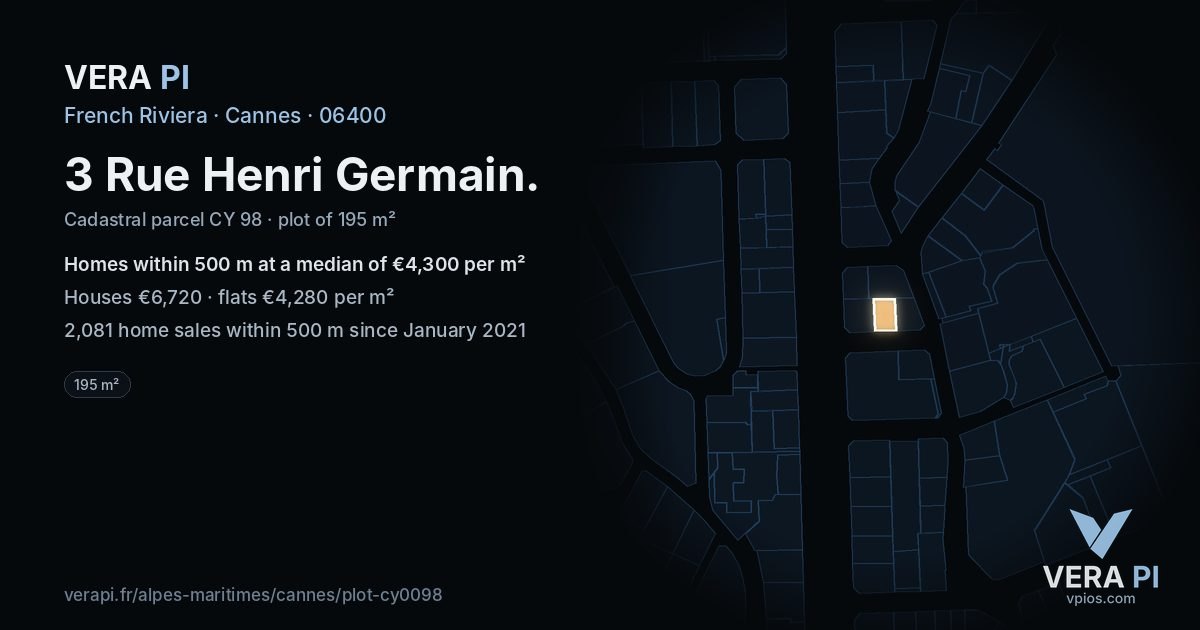 3 Rue Henri Germain, Cannes at night – the plot lit, the parcels around coloured by the prices near them