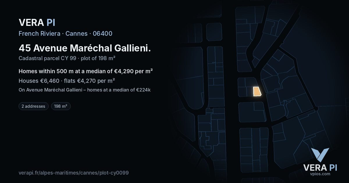 45 Avenue Maréchal Gallieni, Cannes at night – the plot lit, the parcels around coloured by the prices near them