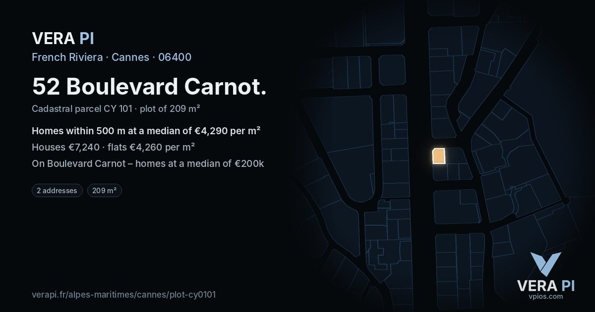 52 Boulevard Carnot, Cannes at night – the plot lit, the parcels around coloured by the prices near them