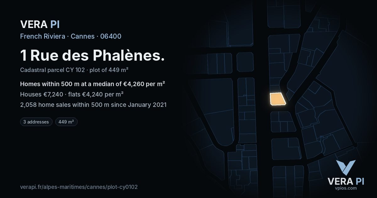 1 Rue des Phalènes, Cannes at night – the plot lit, the parcels around coloured by the prices near them