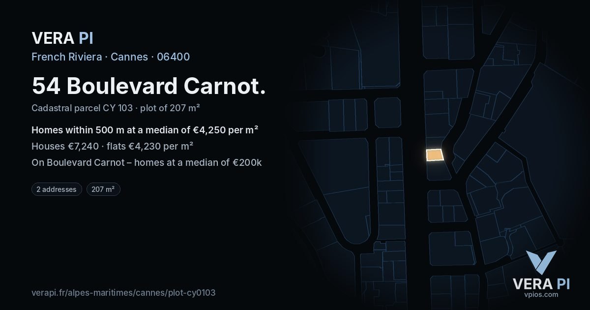 54 Boulevard Carnot, Cannes at night – the plot lit, the parcels around coloured by the prices near them