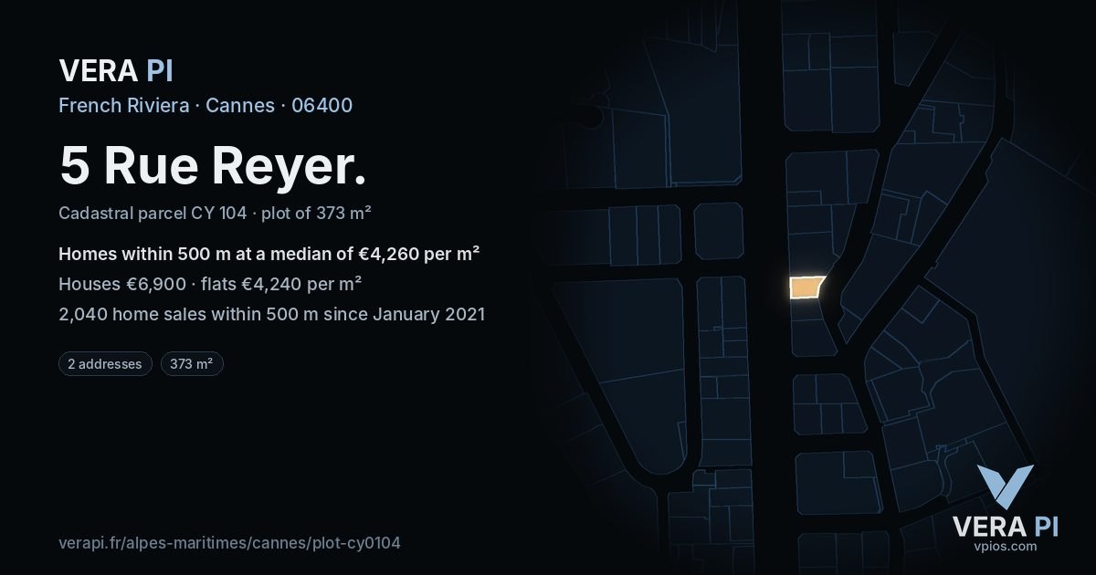 5 Rue Reyer, Cannes at night – the plot lit, the parcels around coloured by the prices near them