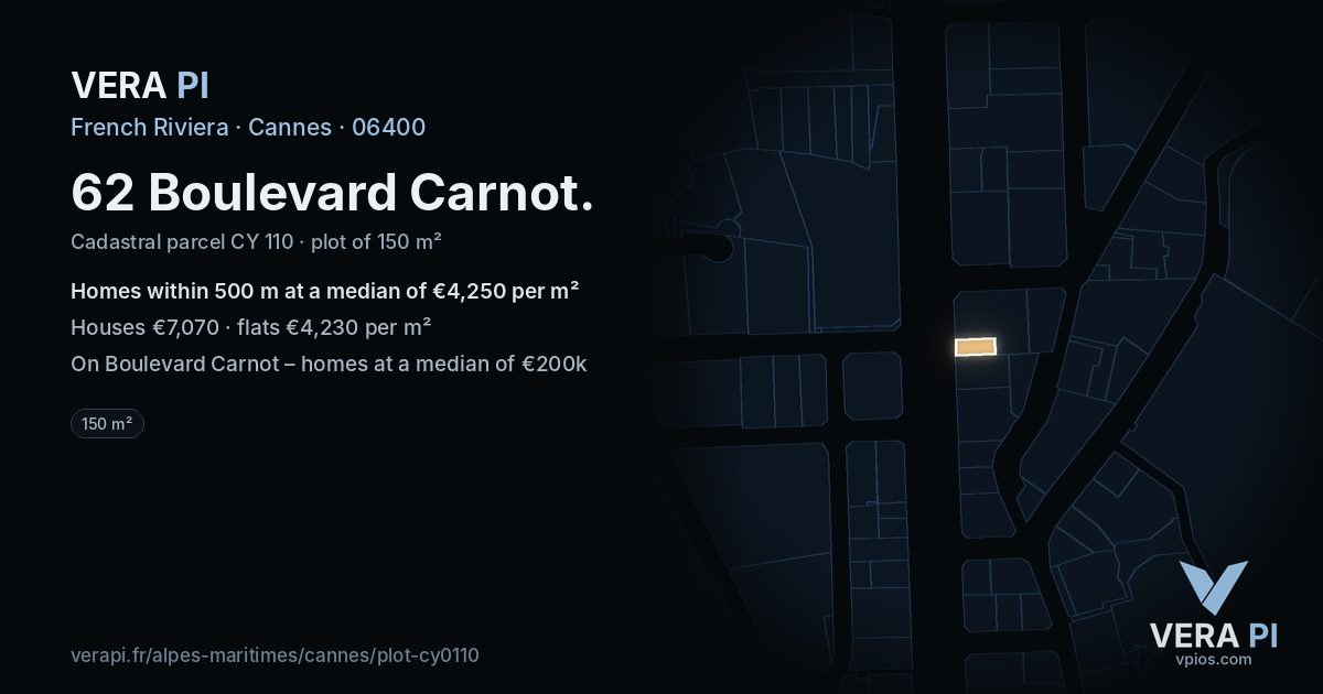 62 Boulevard Carnot, Cannes at night – the plot lit, the parcels around coloured by the prices near them