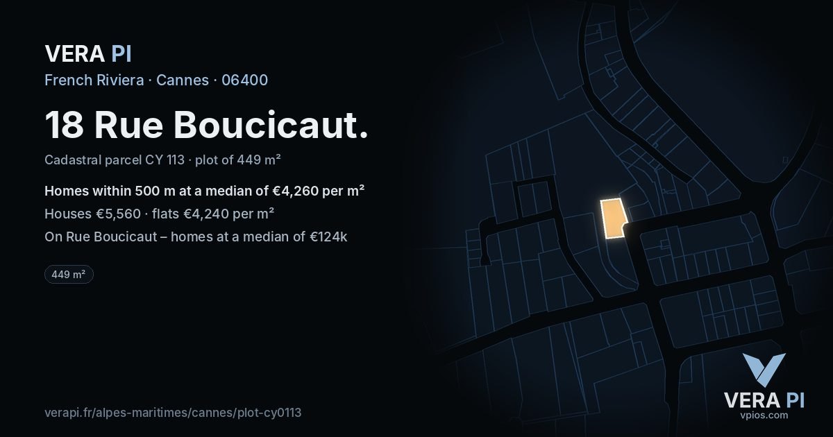 18 Rue Boucicaut, Cannes at night – the plot lit, the parcels around coloured by the prices near them