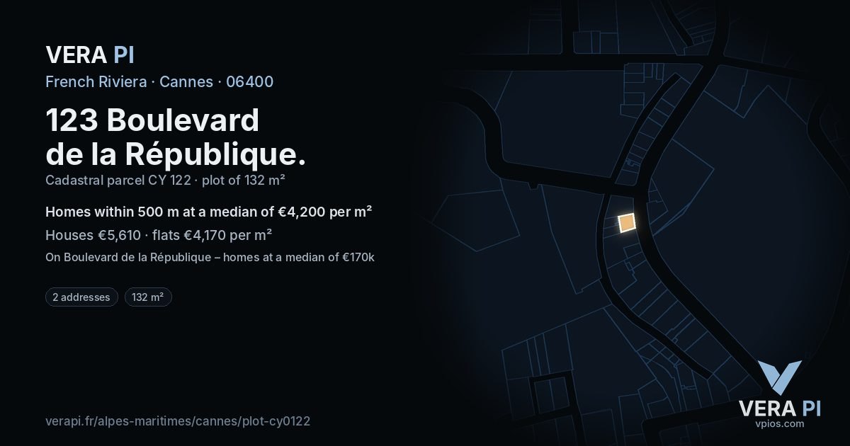 123 Boulevard de la République, Cannes at night – the plot lit, the parcels around coloured by the prices near them