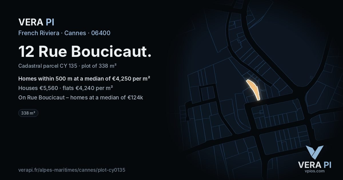 12 Rue Boucicaut, Cannes at night – the plot lit, the parcels around coloured by the prices near them
