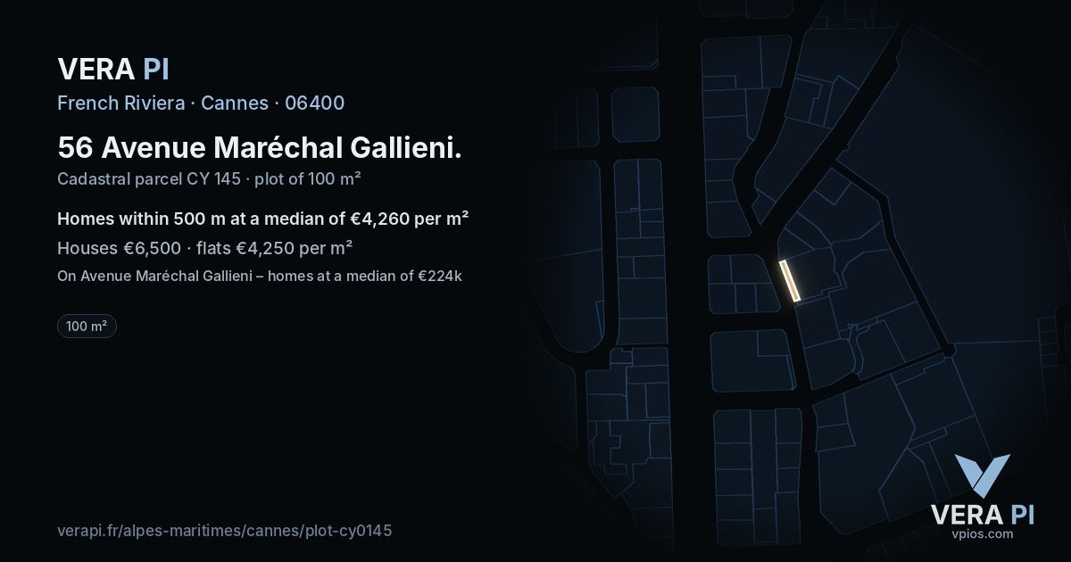 56 Avenue Maréchal Gallieni, Cannes at night – the plot lit, the parcels around coloured by the prices near them